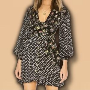 Free People ‘Wonderland’ Long-Sleeve Mini Dress in Black Floral Size Medium